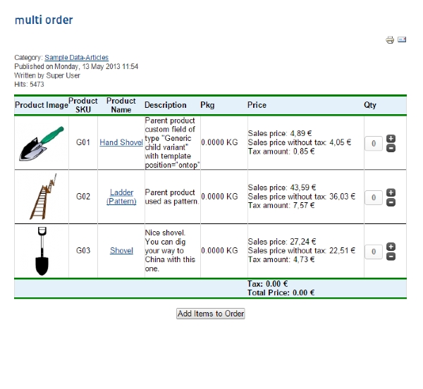 Joomla Multi Product Express Order Form Content Extension