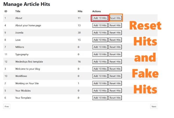 Joomla Reset Article Hits And Fake Hits Extension